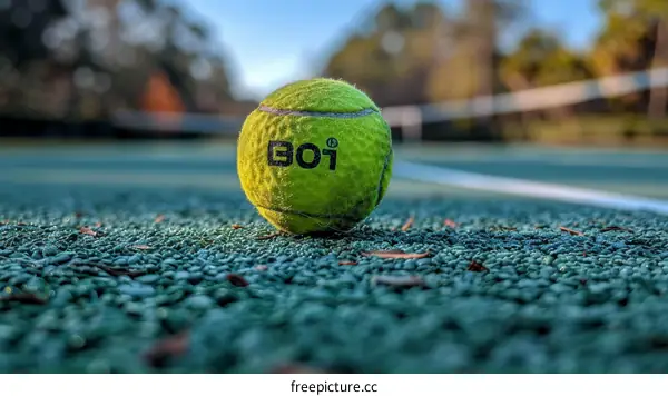 A close-up of a used tennis ball on a green tennis court with the net in the background