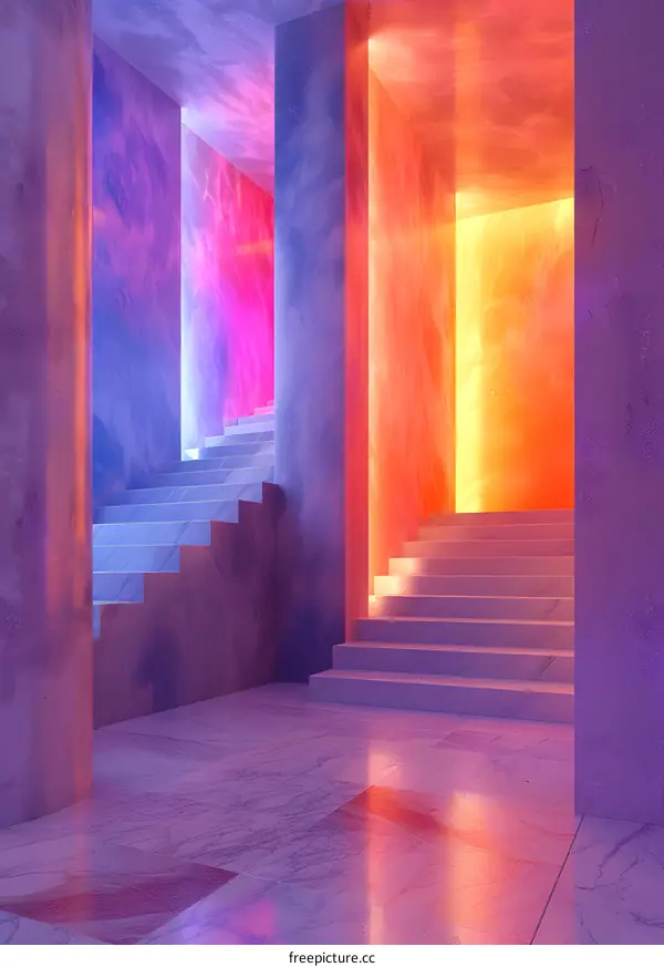 An empty corridor with stairs and colorful lighting