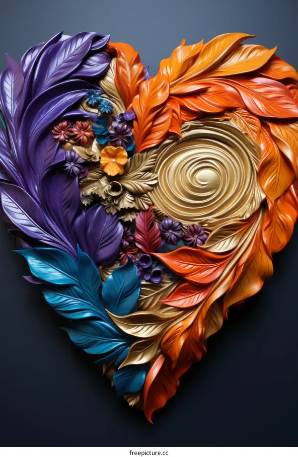 Colorful 3D leaves and flowers in the shape of a heart