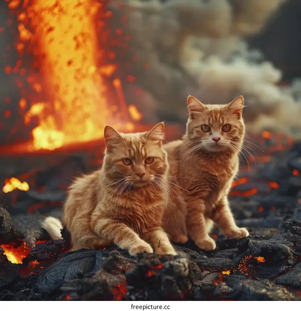 Two ginger cats sitting on cooled lava
