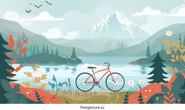Mountain Lake Bicycle Illustration