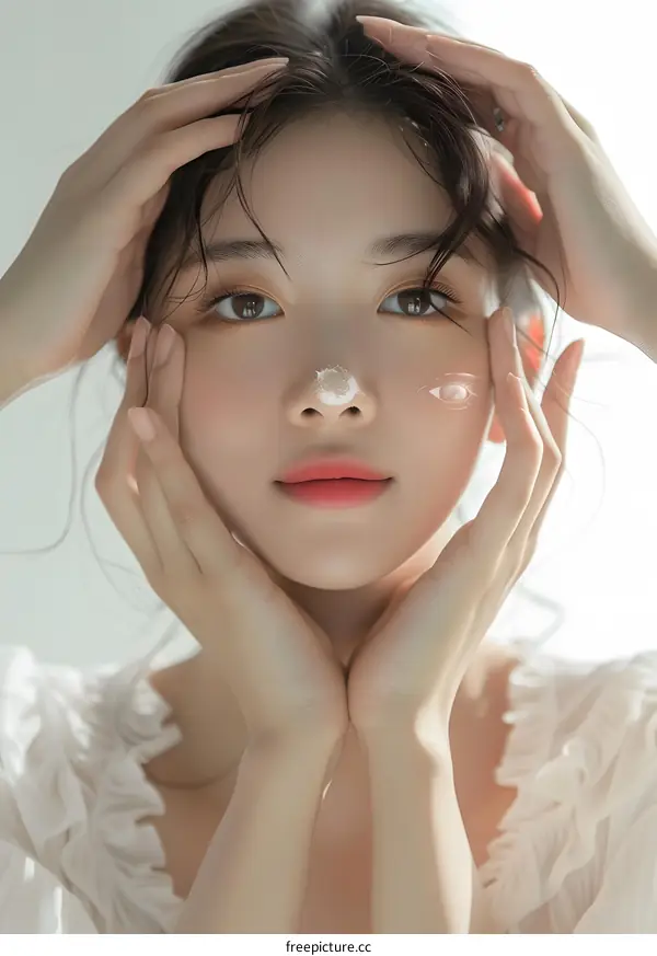 Close up Portrait of Young Asian Woman with Hands on Face