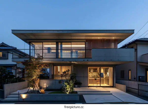 Modern Concrete House with Large Windows and a Japanese Garden