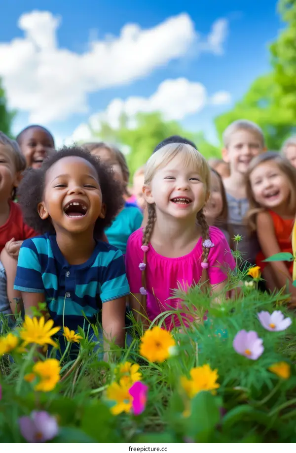 A group of diverse children playing in a field of flowers