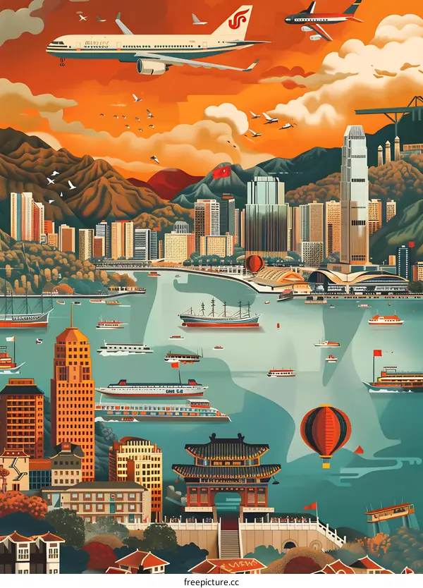 Hong Kong Cityscape Illustration with Airplane and Hot Air Balloons