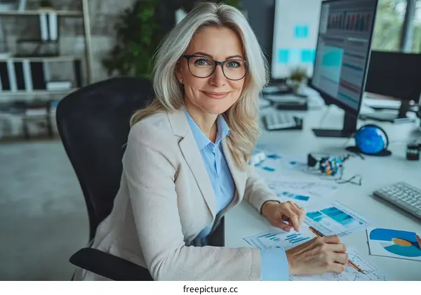 Business Woman Working at Desk with Charts