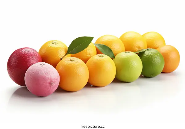 Various citrus fruits including blood orange, orange, green lime, and lemon