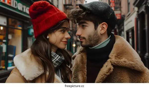 Couple in Winter Clothes Looking at Each Other in the City