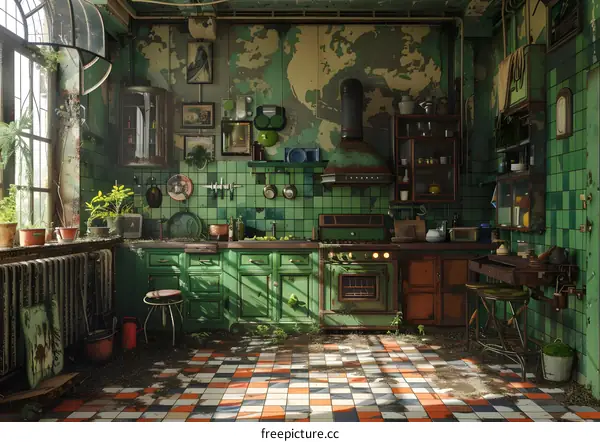 Abandoned Old Kitchen with Green Tiles and Plants