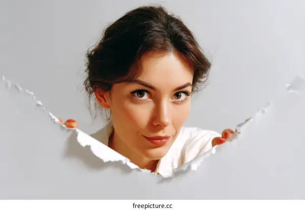 Woman Peeking Through Ripped Paper