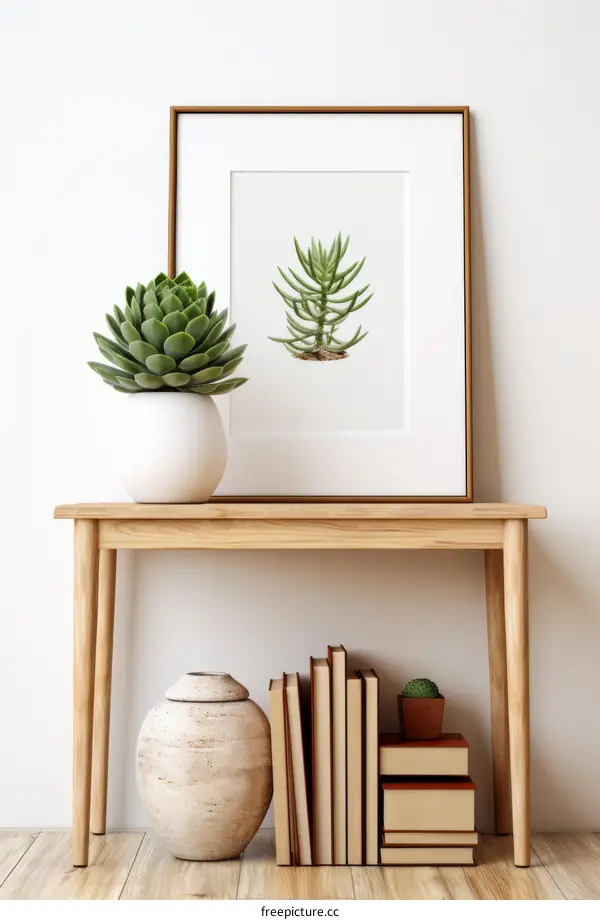 Green Succulent Plant in White Pot on Wooden Table with Framed Art
