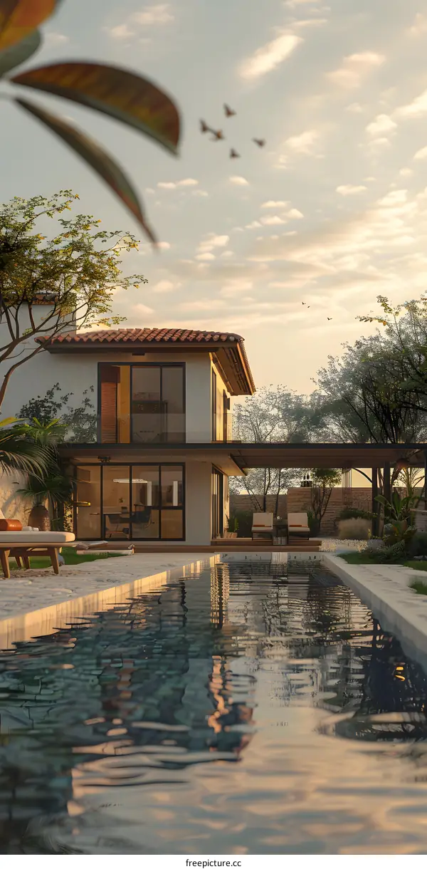 Modern Home with Pool at Sunset