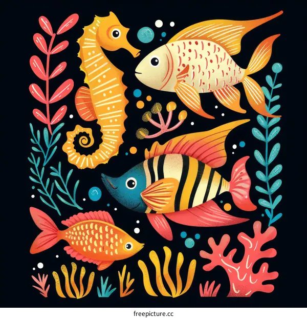 Colorful illustration of a seahorse and tropical fish