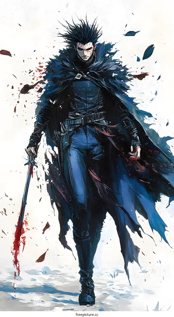 Man in a Blue Cape and Sword Standing in a Snowy Landscape