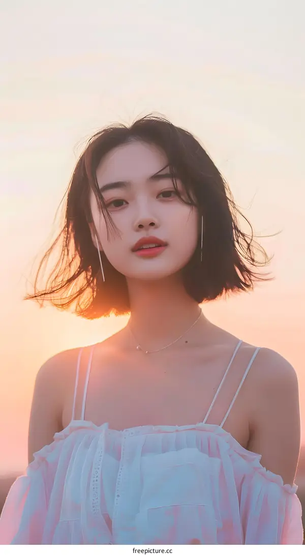 Portrait of a Young Asian Woman with Short Hair at Sunset
