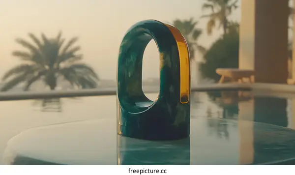 Green and Gold Abstract Sculpture by the Pool