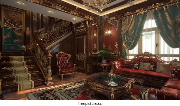 Luxury Living Room Interior Design with Red Leather Furniture