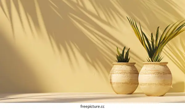 Minimalist Still Life with Palm Tree Shadow and Two Clay Pots