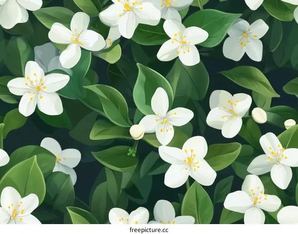Beautiful White Flowers and Lush Green Leaves Pattern