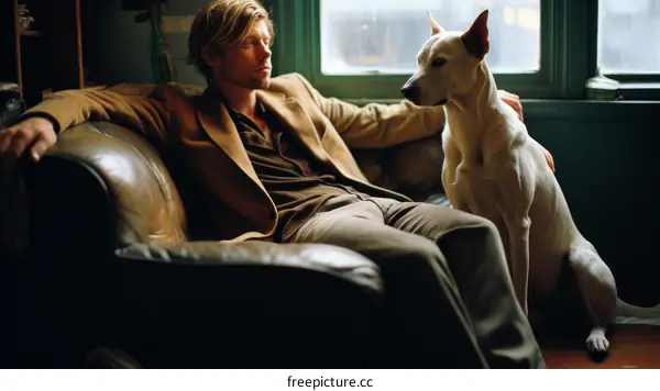 A man and his dog are sitting on a couch looking at each other