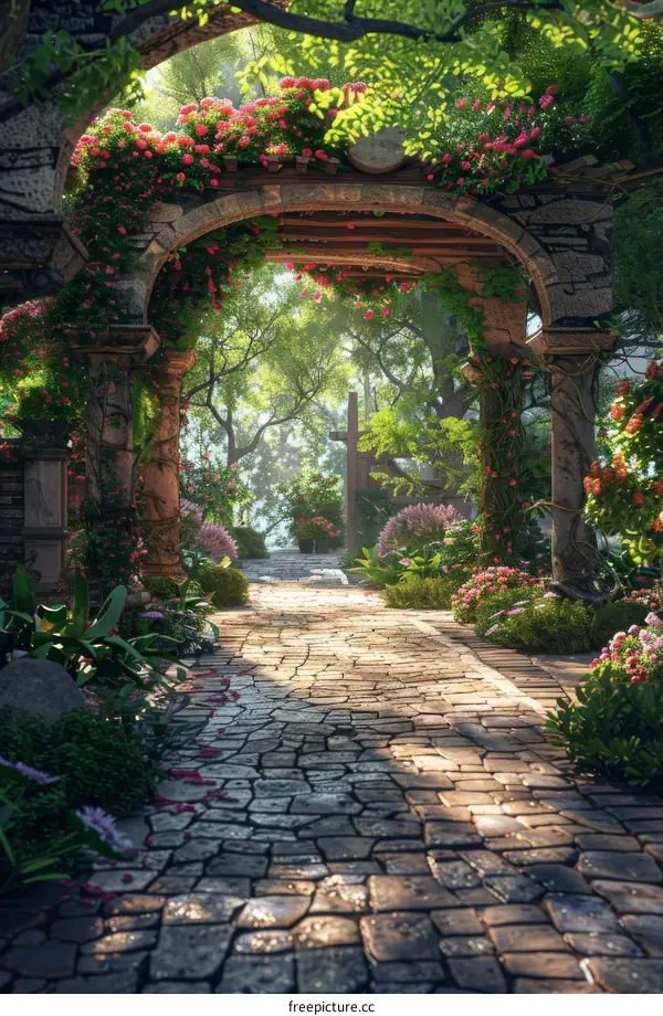 Gothic Archway Leading to a Sunlit Garden