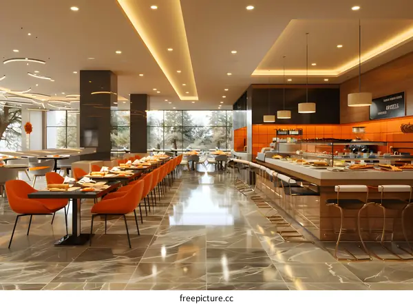 Modern hotel restaurant with stylish furniture and large windows