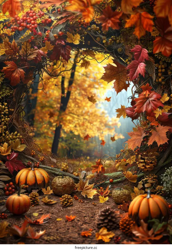 Autumnal Forest Scene with Pumpkins and Leaves