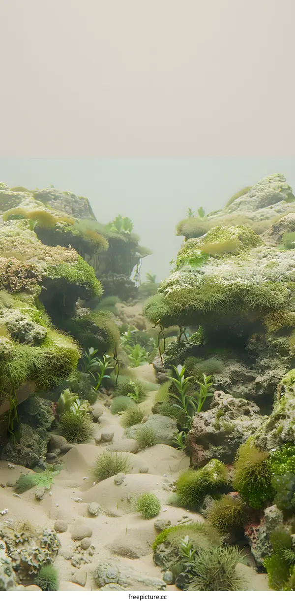 Green Mossy Rocks and Sand Path Landscape