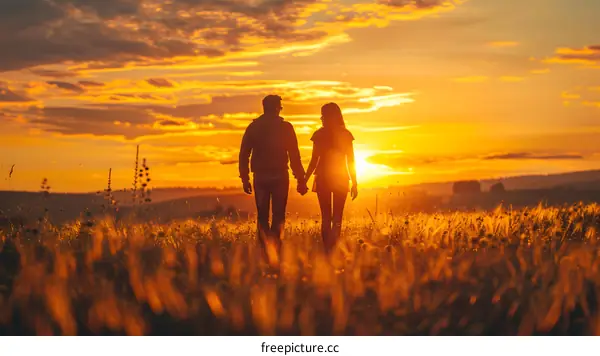 Silhouettes of Couple Holding Hands Walking Towards Sunset