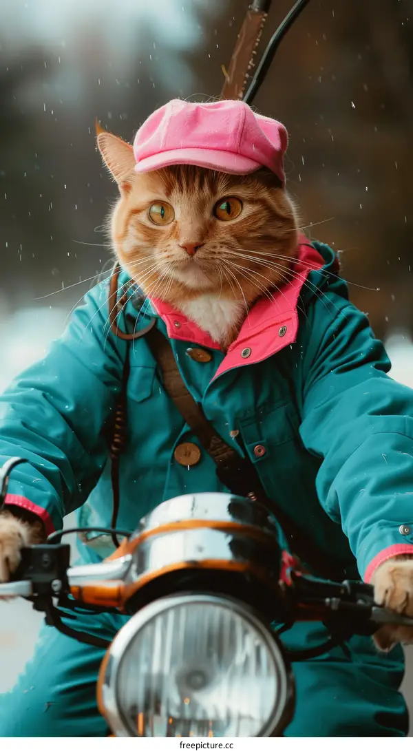 Cute Cat Riding Motorcycle in Winter Outfit