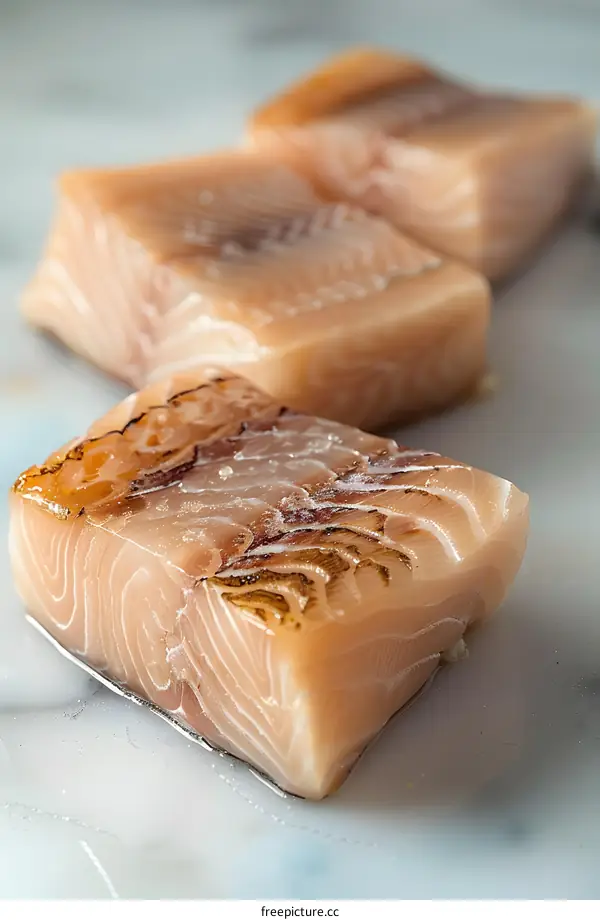 Three pieces of raw fish fillet on a marble slab