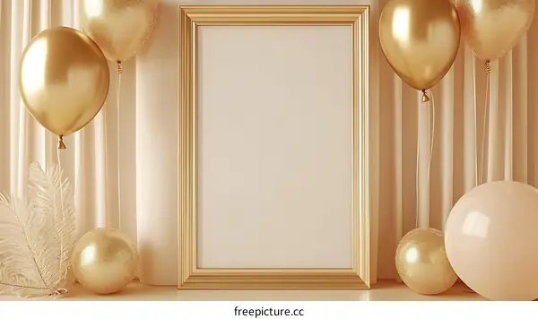Empty Golden Frame with Balloons  A Minimalist Scene