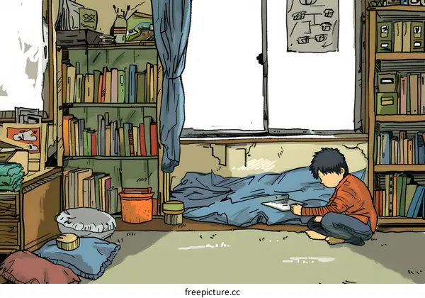 Young Boy Reading in a Room with Bookshelves