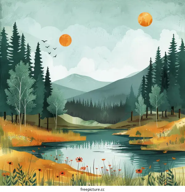 Serene Forest Lake with Distant Mountain Views