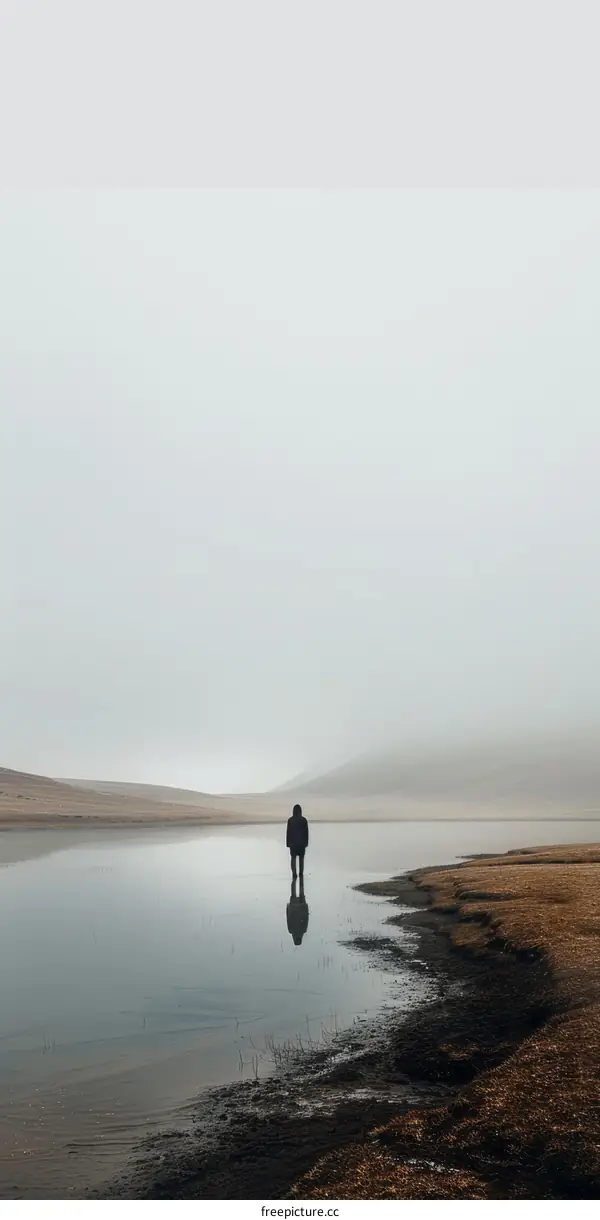 Lonely Man Standing in a Foggy Lake