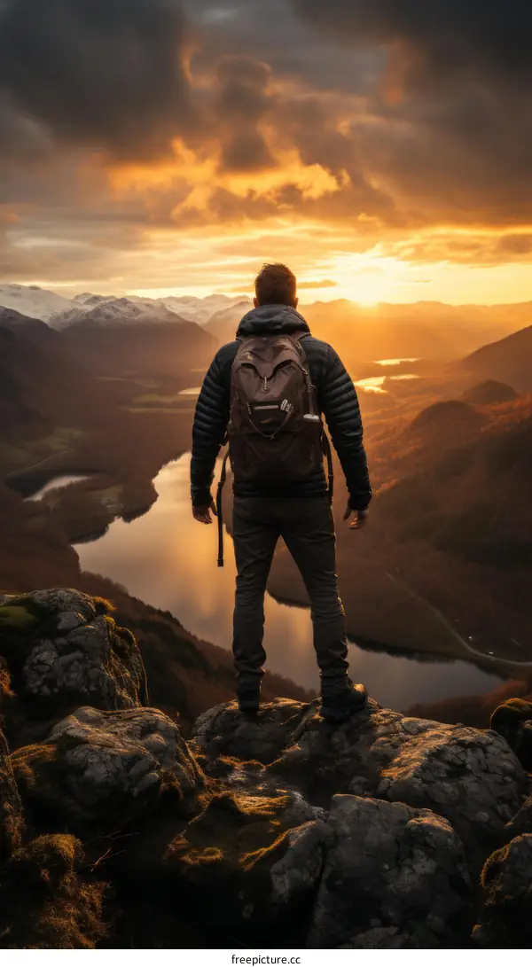 Solitary Man Overlooking a Calm Mountain Lake at Sunset
