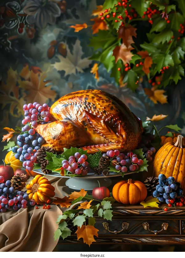 Thanksgiving dinner with roasted turkey, pumpkins, and grapes