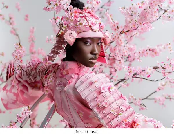 Black woman wearing a pink samurai armor with cherry blossoms
