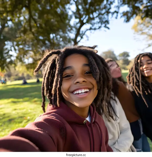 Smiling African American Boy Taking Selfie with Friends in Park