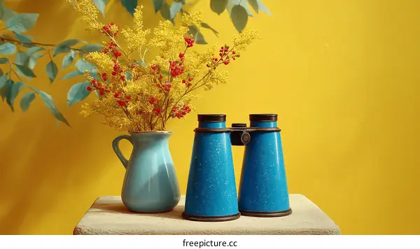 Vintage Blue Binoculars and Flowers Still Life