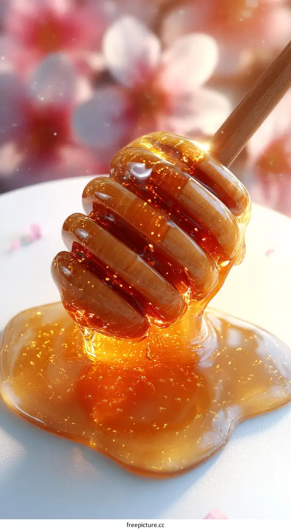 Honey Drizzle with Wooden Dipper Close-up