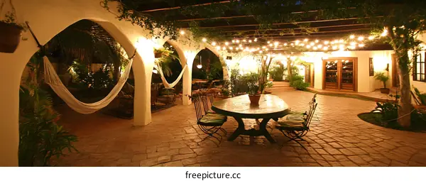 Outdoor Patio with String Lights at Night