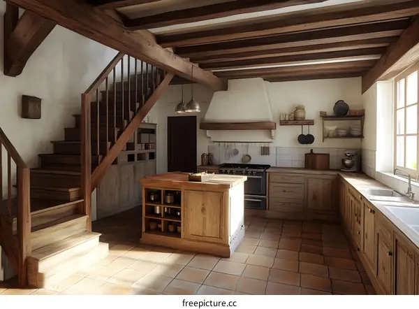 Rustic Kitchen Interior Design with Wooden Beams and Staircase