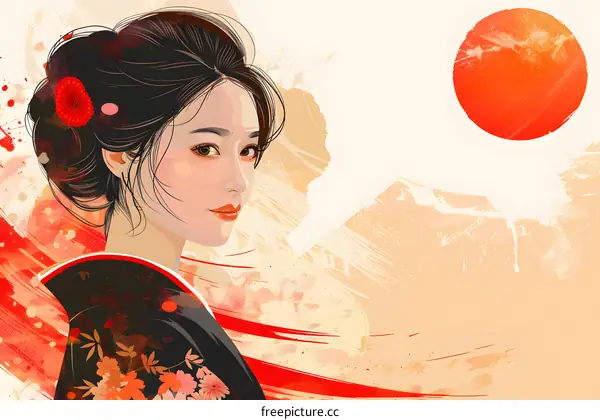 Japanese Woman with Red Flower in Hair and Red Sun in Background