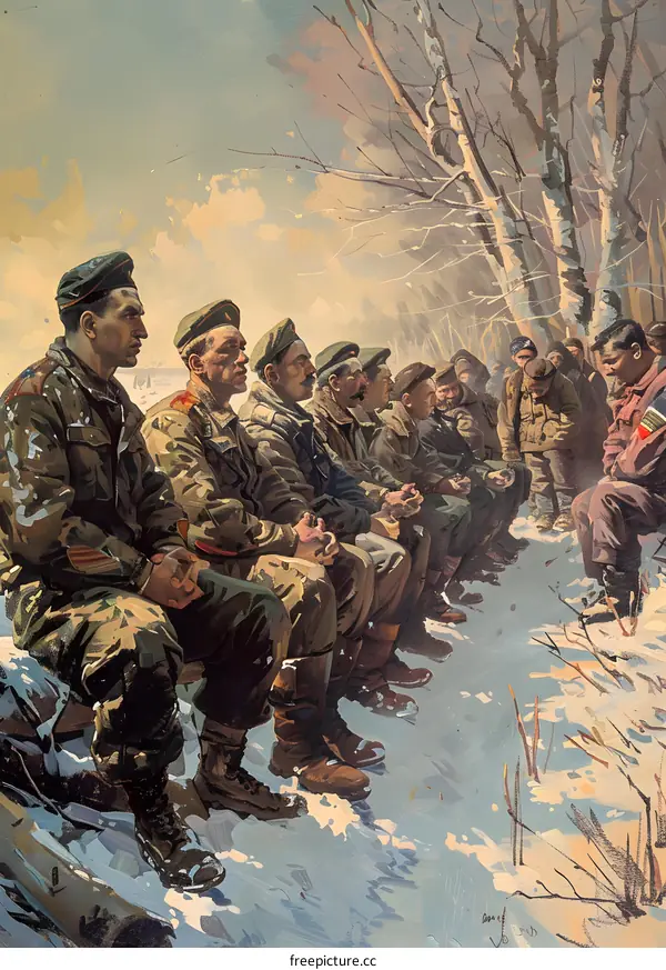 A group of soldiers are sitting on a snowy hillside during the Winter War.
