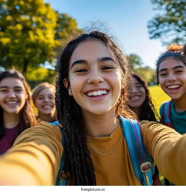 Group of Teen Girls Taking a Selfie in the Park