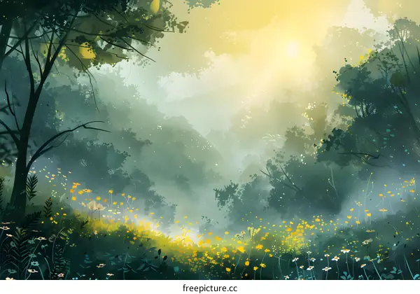 Sun Shining Through a Misty Forest