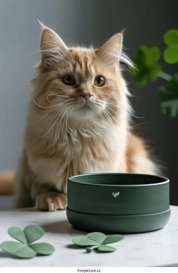 A ginger cat is sitting next to a green bowl
