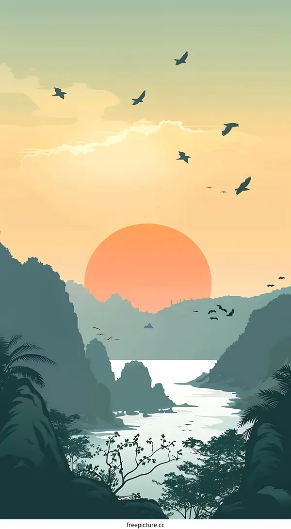 Sunset Mountain Landscape with Birds Flying
