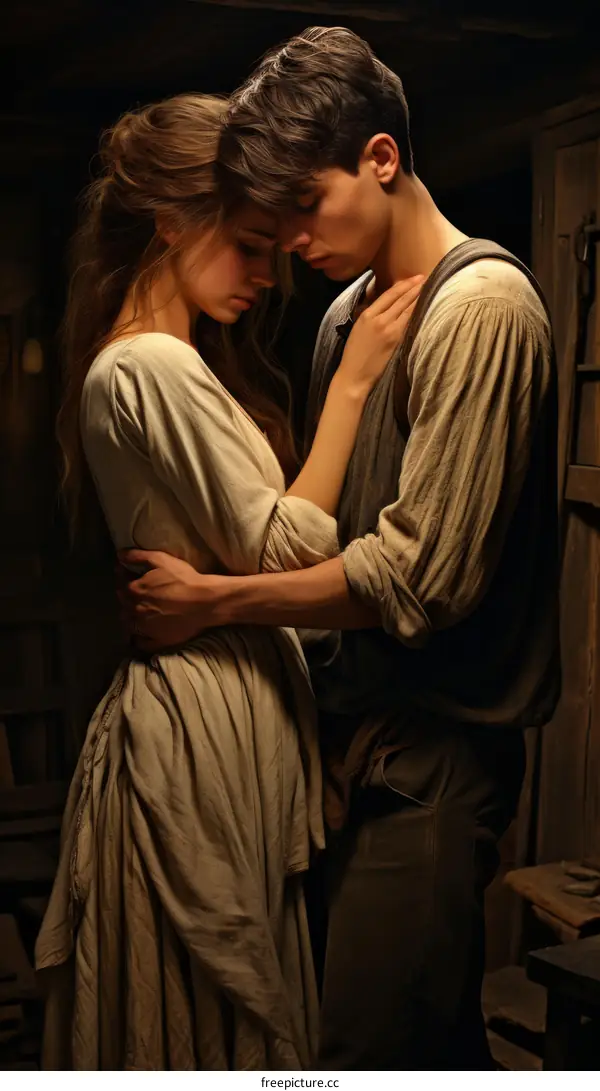 A couple is hugging in a barn.